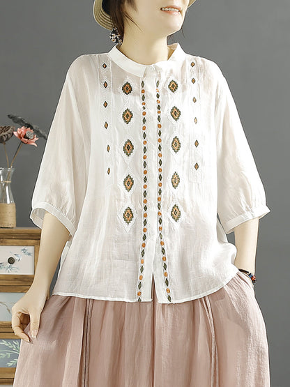 Women Ethnic Rhomboids Embroidery Ramie Button Up Blouse KL1031 Ada Fashion