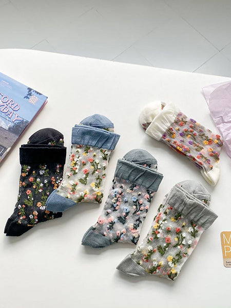 5 Pairs Women Summer Flower Jacquard Thin Socks FG1017 Ada Fashion