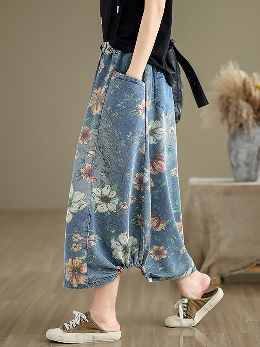 Women Summer Casual Flower Spliced Denim Skirt XX1027 Ada Fashion