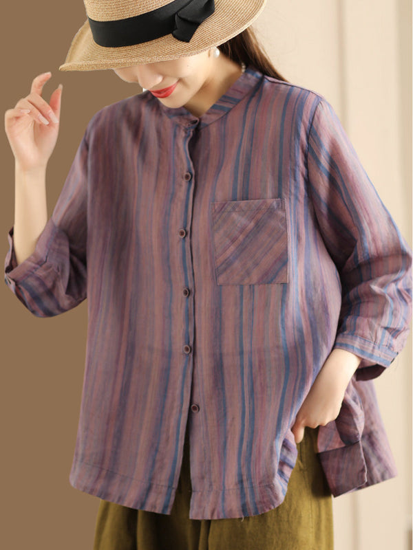 Women Spring Vintage Stripe Button-Up Blouse CO1007 Ada Fashion
