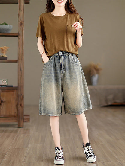 Women Summer Worn Denim Wide-leg Fifth Pants CC037 BUYKUD