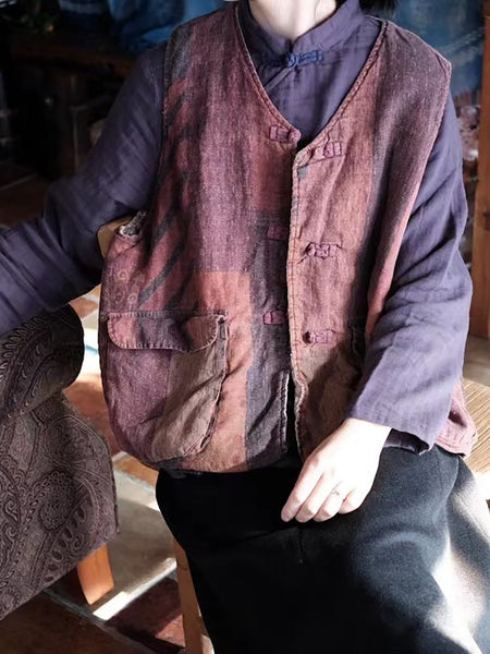 Women Retro Print Linen Cotton Padded Vest AT1078 JSHY