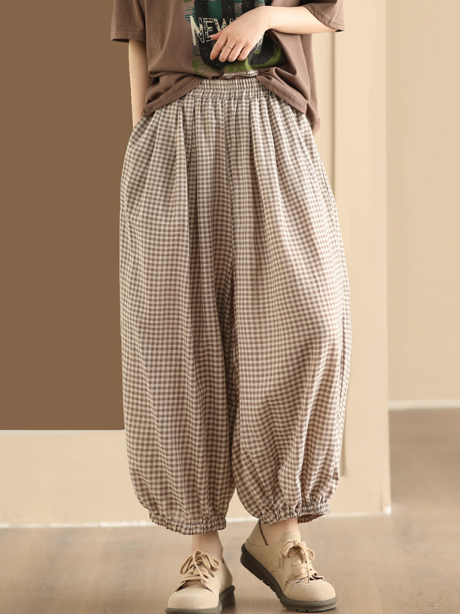 Women Summer Vintage Plaid Cotton Harem Pants BN1021 Ada Fashion