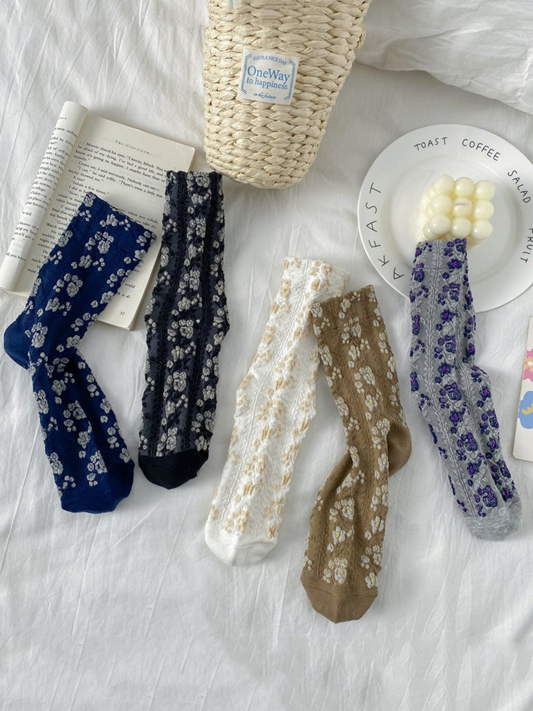 5 Pairs Women Floral Jacquard Cotton Socks AK1035 Genistyle Shop