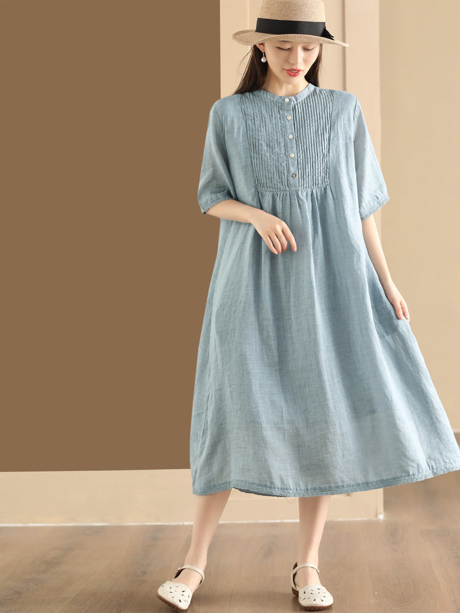 Women Summer Casual Solid Shirred Button Linen Dress HH019 LN