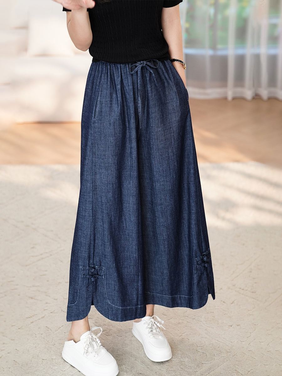 Women Summer Vintage Buckle Wide-leg Denim Pants CX031 DYL