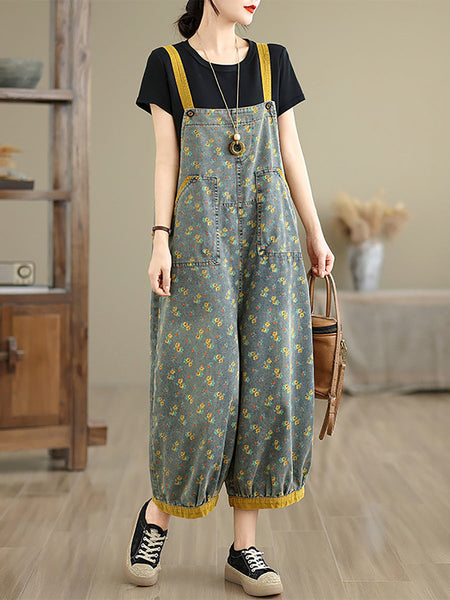 Women Casual Denim Jumpsuits Floral Wide-leg Summer FashionChic