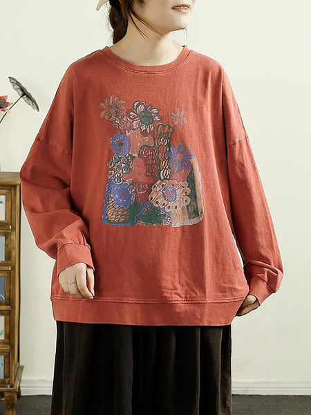 Women Casual Autumn Flower O-Neck Cotton Blouse AT1002 QYZY