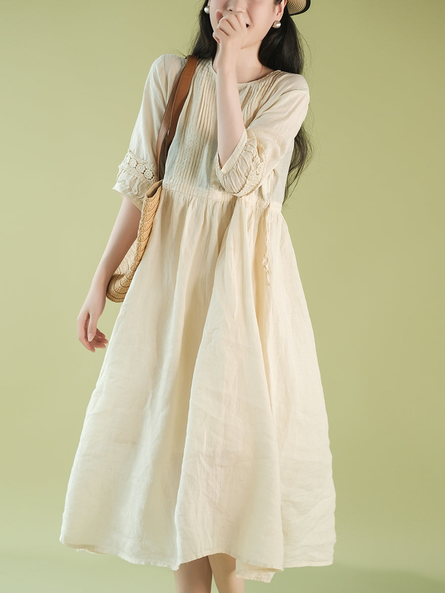 Women Summer Artsy Shirred O-Neck Lacework Ramie Dress CX030 YQMM