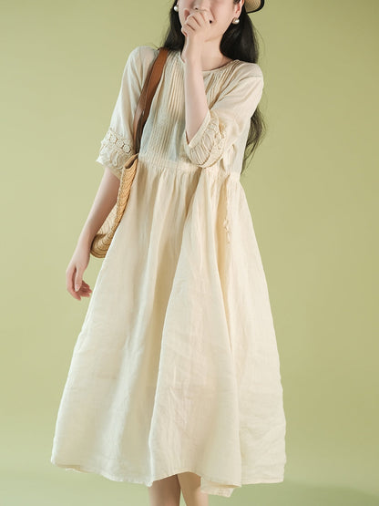 Women Summer Artsy Shirred O-Neck Lacework Ramie Dress CX030 YQMM