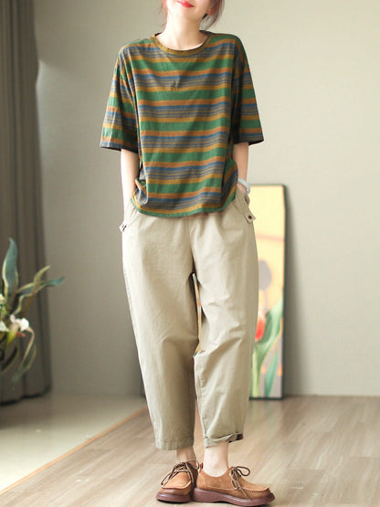 Women Casual Stripe Summer O-Neck Cotton Shirt XX1010 Ada Fashion