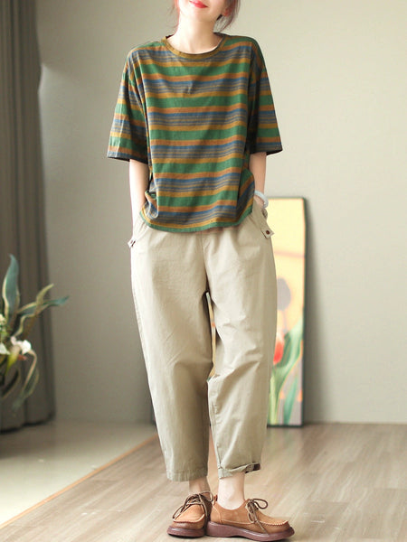 Women Casual Stripe Summer O-Neck Cotton Shirt XX1010 Ada Fashion