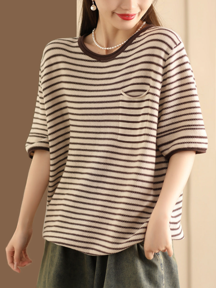 Women Summer Stripe Casaul Knitted Pullover Shirt SC1021 Ada Fashion