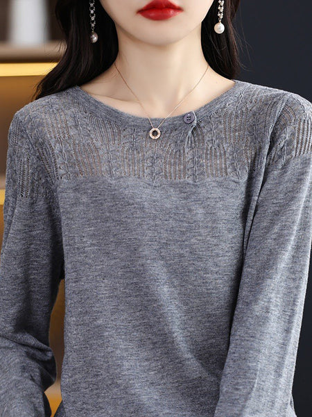 Women Autumn Solid Knit 100%Wool O-Neck Sweater QM019 BK