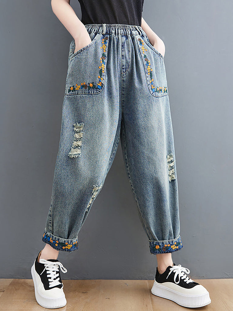 Women Artsy Embroidery Frayed Denim Harem Pants FD006 ZMFS