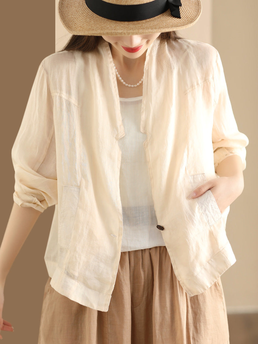 Women Vintage Solid Summer Ramie Thin Cardigan Shirt Coat SC1056 Ada Fashion