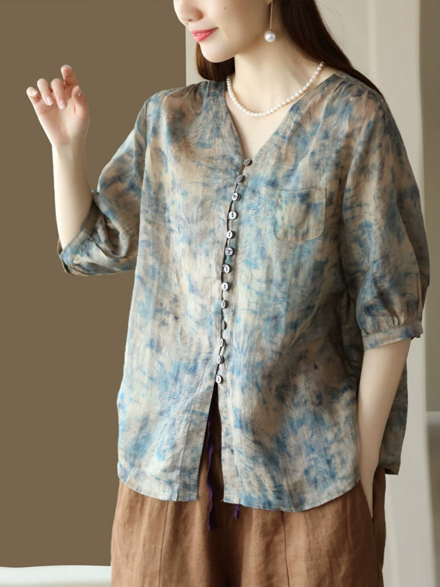 Women Vintage Floral Summer Button-Up Ramie Shirt XX1042 Ada Fashion