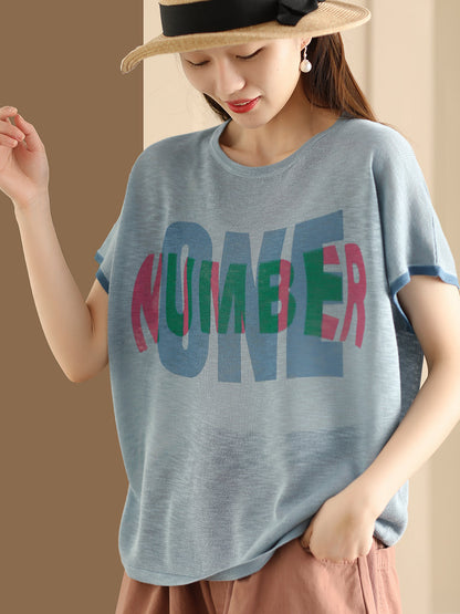 Women Summer Letter Printing Knitted Loose Shirt OP1049 BUYKUD