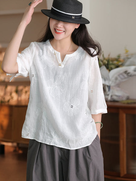 Women Summer Artsy Flower Embroidery Ramie Shirt TY1036 Ada Fashion