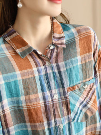 Women Vintage Plaid Summer Ramie Button-up Shirt SC1016 Ada Fashion