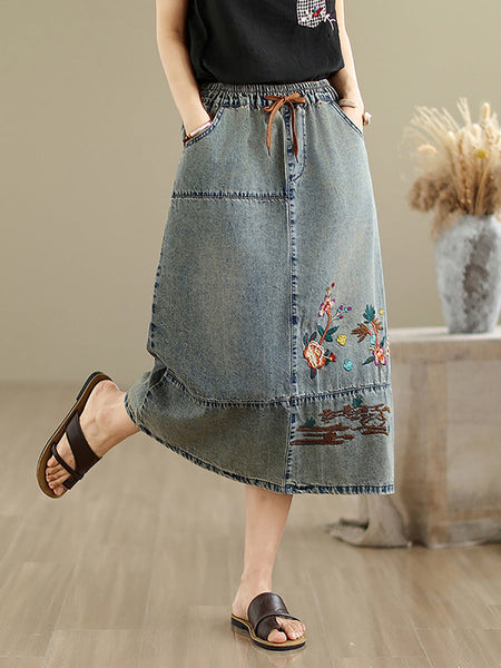 Denim Women Artsy Spring Flower Embroidery Skirt FashionChic