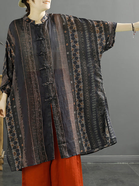 Plus Size Women Summer Stripe Button-up 100%Ramie Shirt Coat KL1032 Ada Fashion