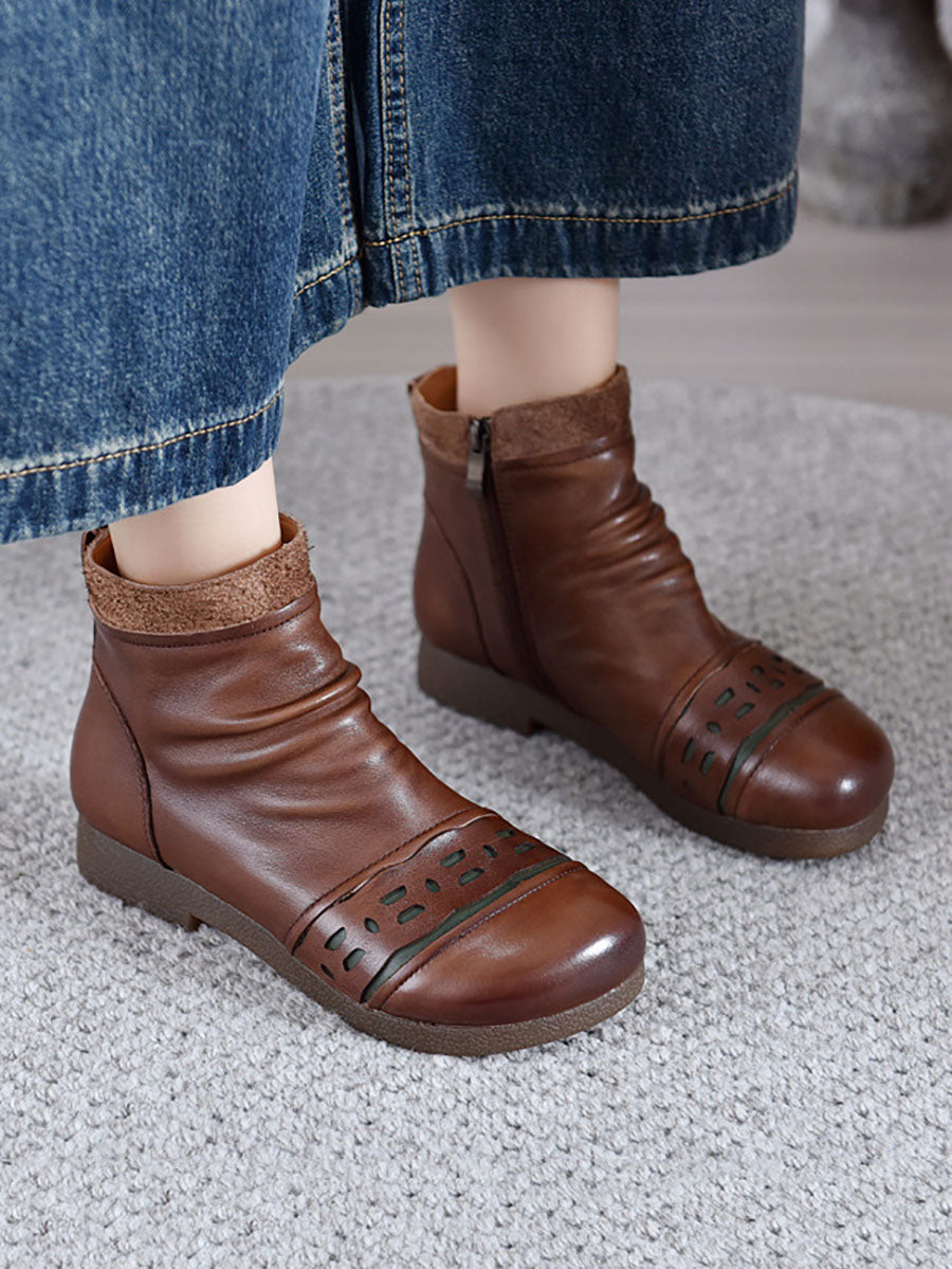 Women Vintage Leather Spliced Low Heel Ankle Boots AV1074 Genistyle Shop