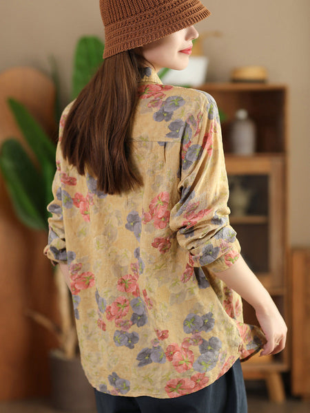Women Autumn Vintage Flower Button-up Shirt AI1040 BUYKUD