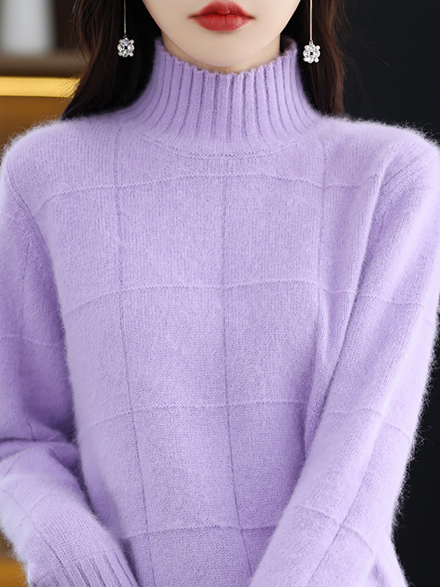 Women Autumn Casual Half Turtleneck Plaid 100%Wool Sweater QU031 BK