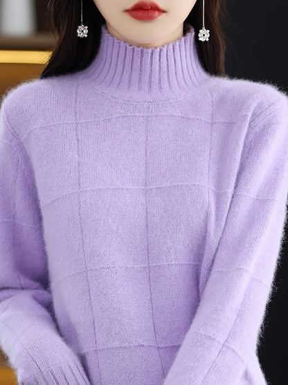 Women Autumn Casual Half Turtleneck Plaid 100%Wool Sweater QU031 BK