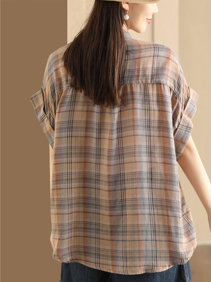 Women Summer Vintage Plaid Button-up Shirt PP1037 XLM