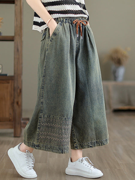 Women Summer Casual Embroidery Wide-leg Denim Pants CC010 ZMFS