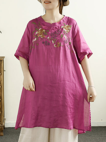 Women Summer Artsy Flower Embroidery Ramie Shirt TY1026 Ada Fashion