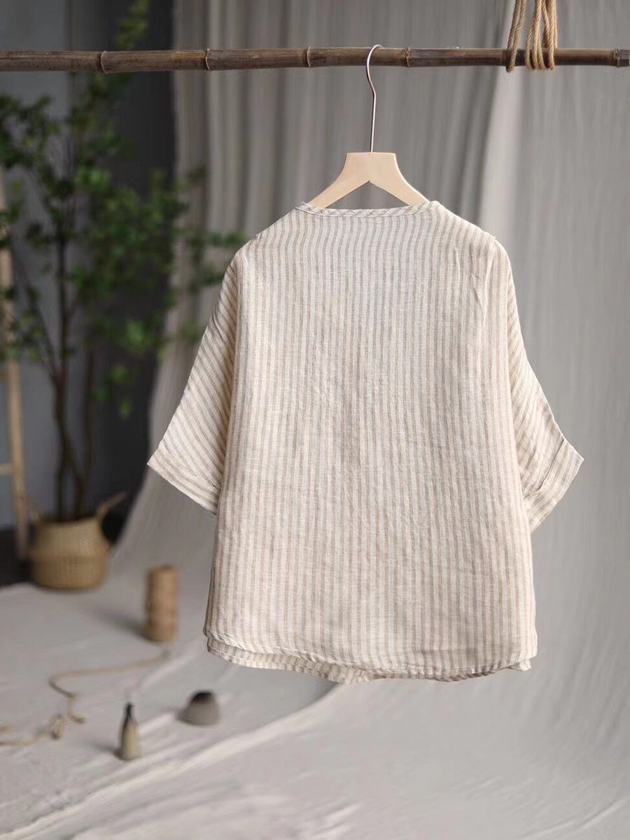 Women Casual Stripe Summer Linen V-Neck Shirt PA1001 Ada Fashion