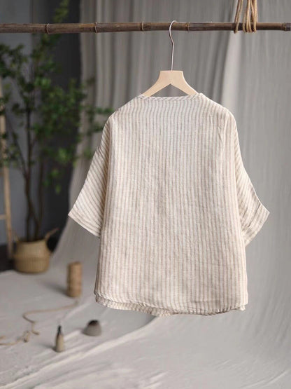 Women Casual Stripe Summer Linen V-Neck Shirt PA1001 Ada Fashion