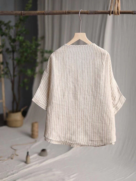 Women Casual Stripe Summer Linen V-Neck Shirt PA1001 Ada Fashion