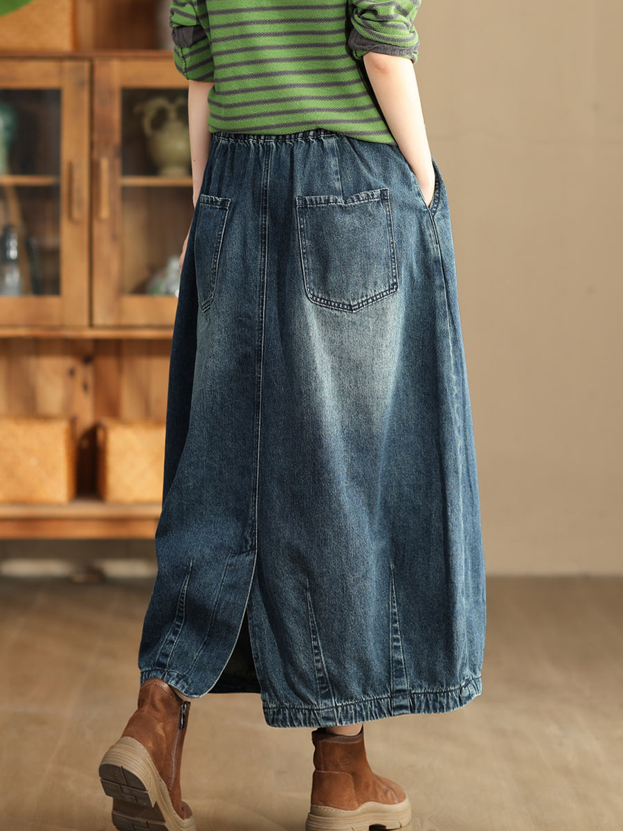 Women Autumn Casual Solid Back Hem Split Denim Skirt AT1005 BK