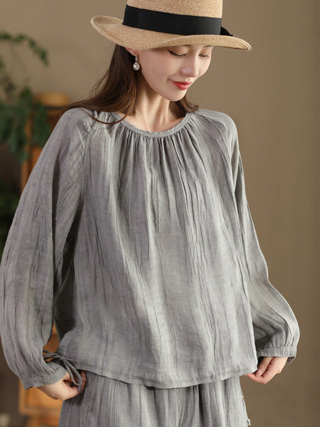 Women Summer Artsy Strap Hem O-Neck Ramie Blouse AS1026 BUYKUD