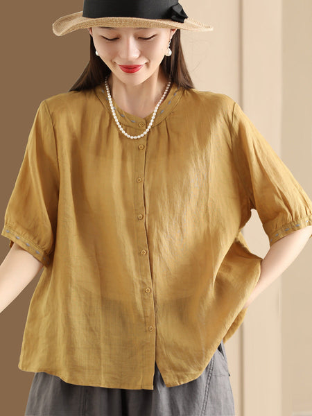 Women Summer O-Neck Embroidery Button-up Ramie Shirt PP1035 BUYKUD