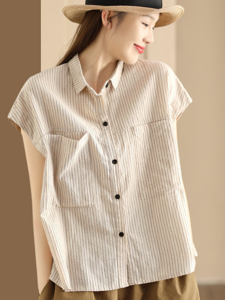 Women Artsy Summer Stripe Linen Button-up Shirt SC1046 Ada Fashion