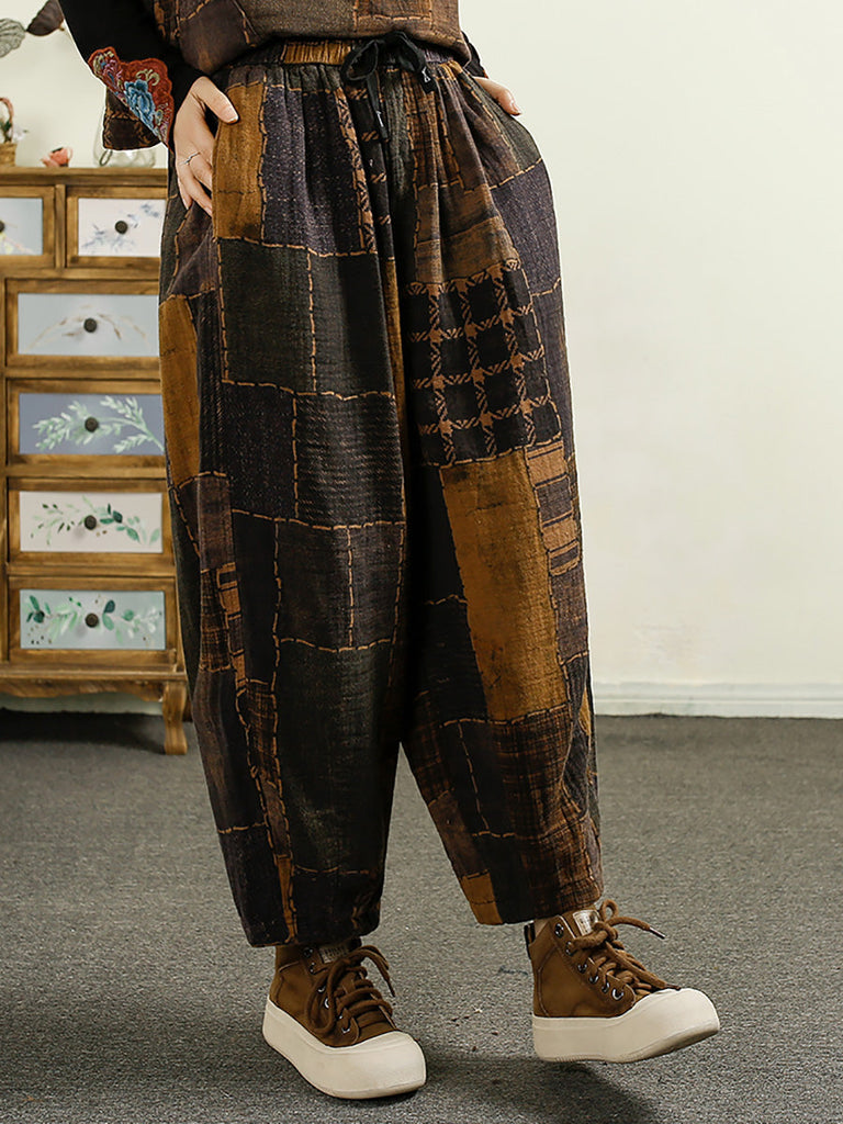 Women Autumn Plaid Spliced Cotton Harem Pants AI1051 BUYKUD