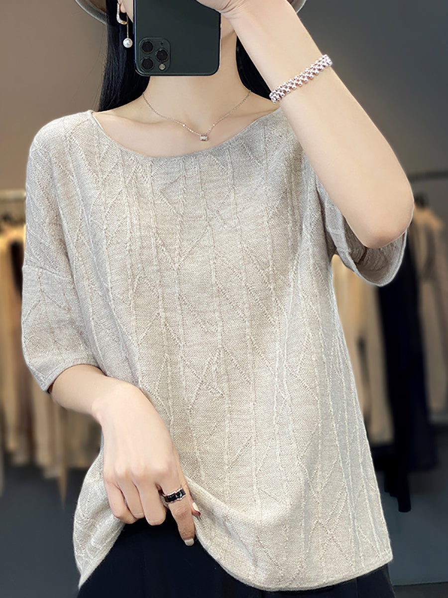 Women Summer Solid Jacquard Loose Half-Sleeve Shirt WE1033 Ada Fashion