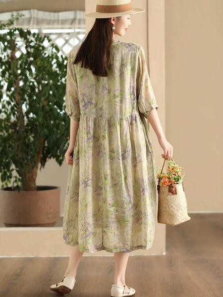 Women Summer Artsy Floral V-Neck Loose Ramie Dress LL020 ZMMM