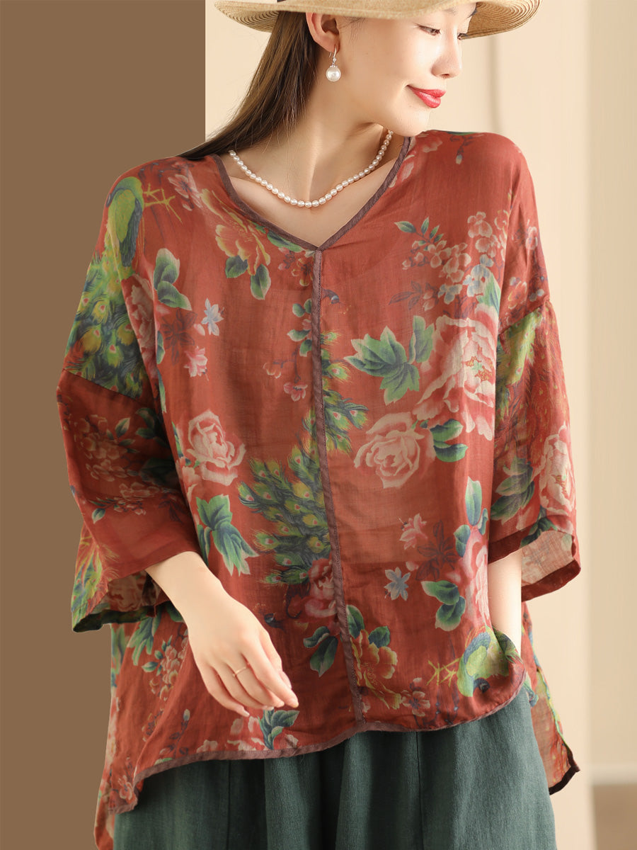 Women Vintage Floral V-Neck Linen Summer Shirt XX1014 Ada Fashion