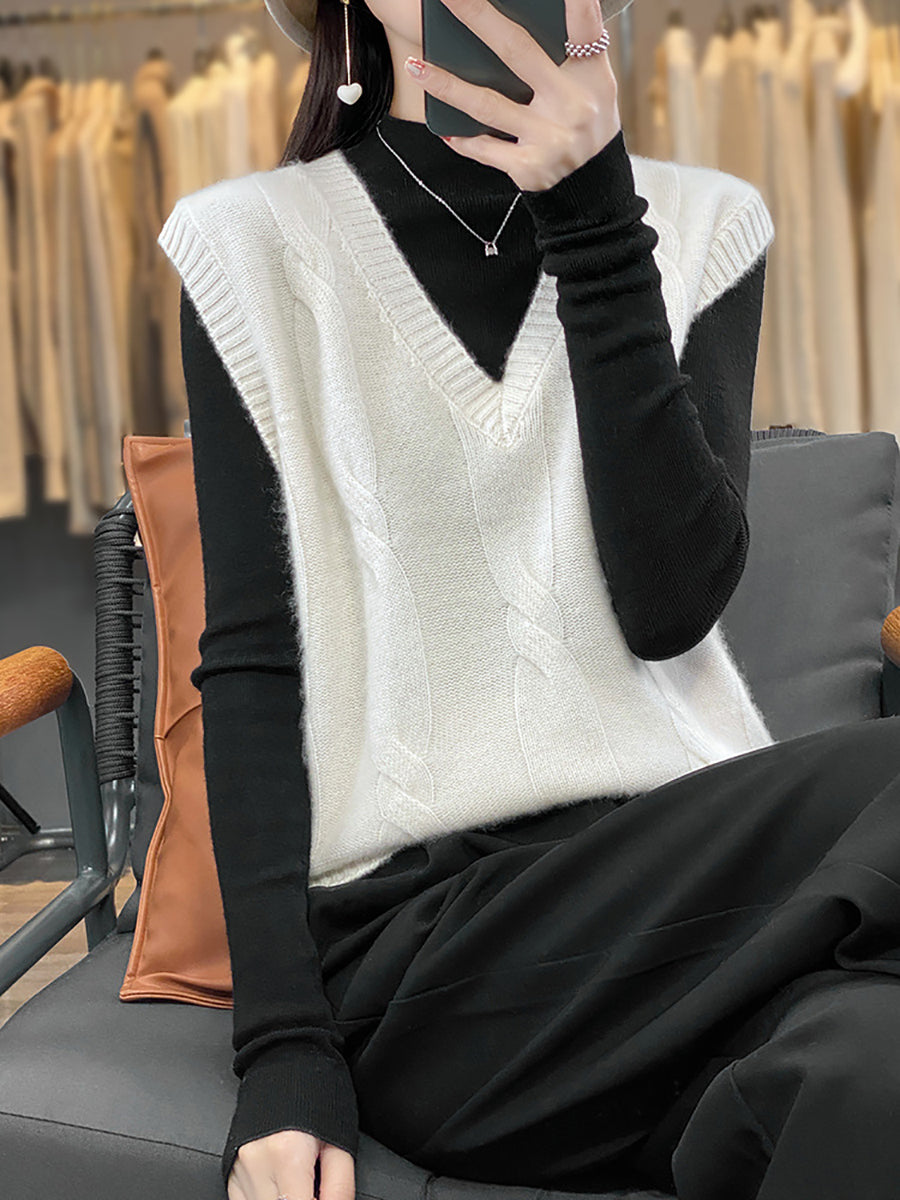 Women Casual Autumn Wool V-Neck Cable Knit Vest QN024 BUYKUD