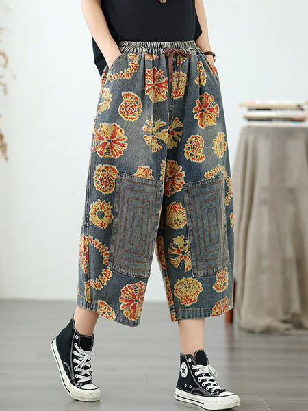 Women Straight Pants Retro Capri Flower Denim FashionChic