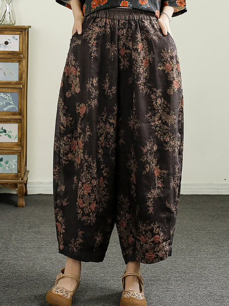 Women Summer Retro Floral Print Ramie Harem Pants CX052 BUYKUD