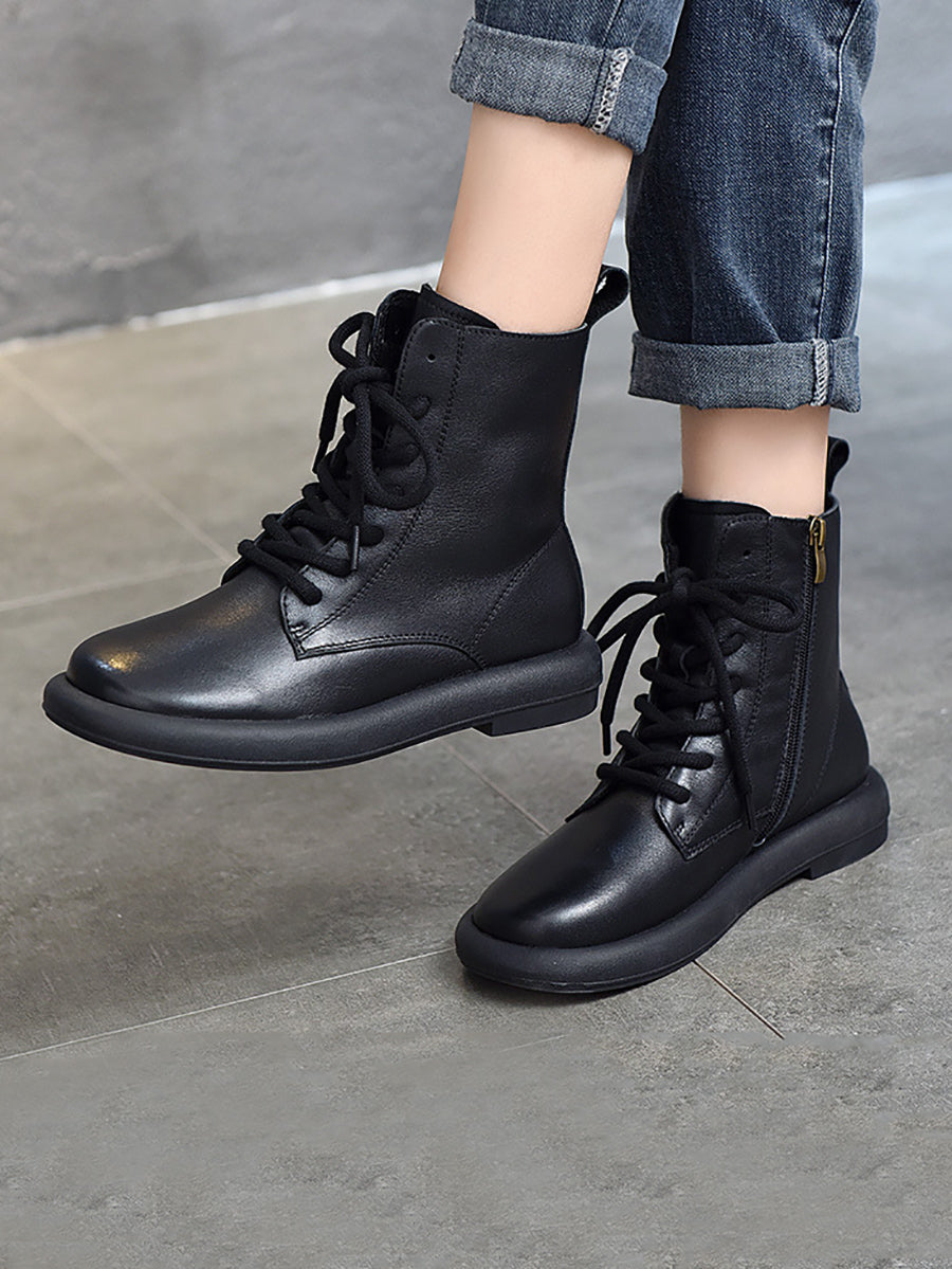 Women Genuine Leather Soft Zipper Mid Heel Martin Boots QU022 TZTJ
