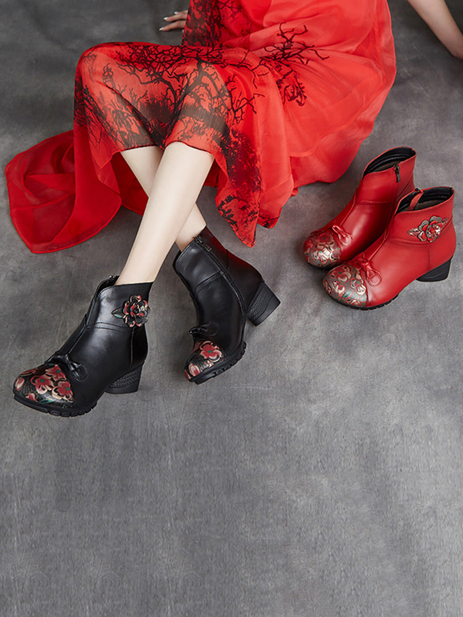 Women Ethnic Autumn Flower Spliced Leather Mid-Heel Boots AI1019 MXXZ