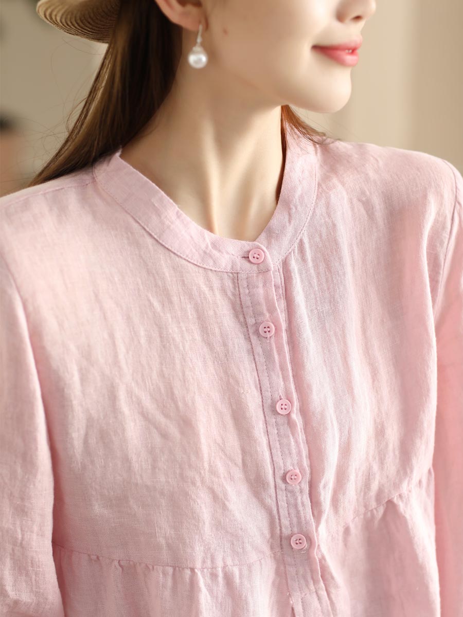 Women Retro Solid Spring Pullover Linen Shirt KL1030 Ada Fashion